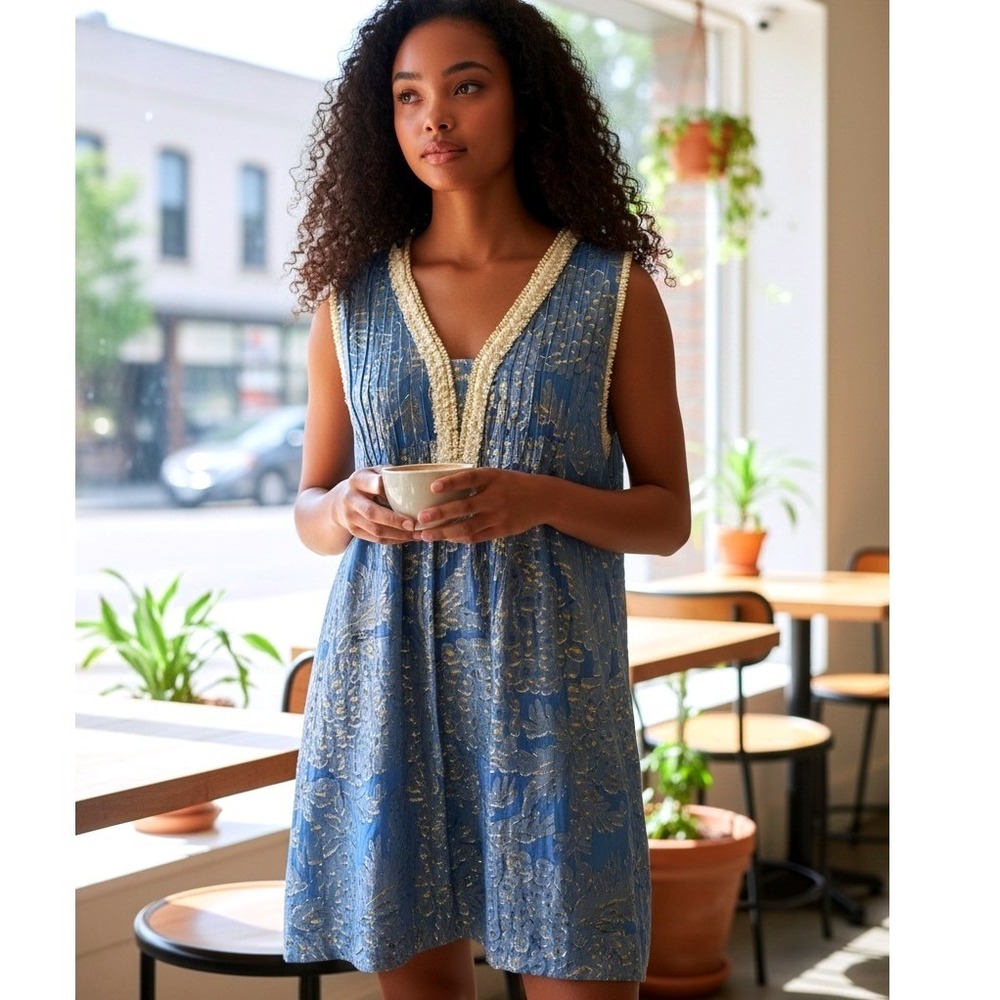 Lilly Pulitzer Tanner Silk Metallic Dress SZ SM Blue Gold lined Floral Jacquard